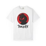 Front of the tee showing a sly black cat silhouette inside a red circle Front of the tee showing a sly black cat silhouette inside a red circle