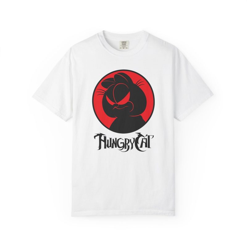Front of the tee showing a sly black cat silhouette inside a red circle