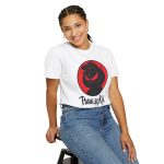 Person wearing a tee with a sly black cat silhouette inside a red circle printed on the front Person wearing a tee with a sly black cat silhouette inside a red circle printed on the front