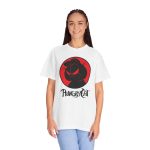 Person wearing a tee with a sly black cat silhouette inside a red circle printed on the front Person wearing a tee with a sly black cat silhouette inside a red circle printed on the front