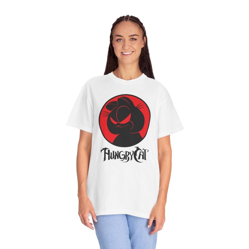 Person wearing a tee with a sly black cat silhouette inside a red circle printed on the front