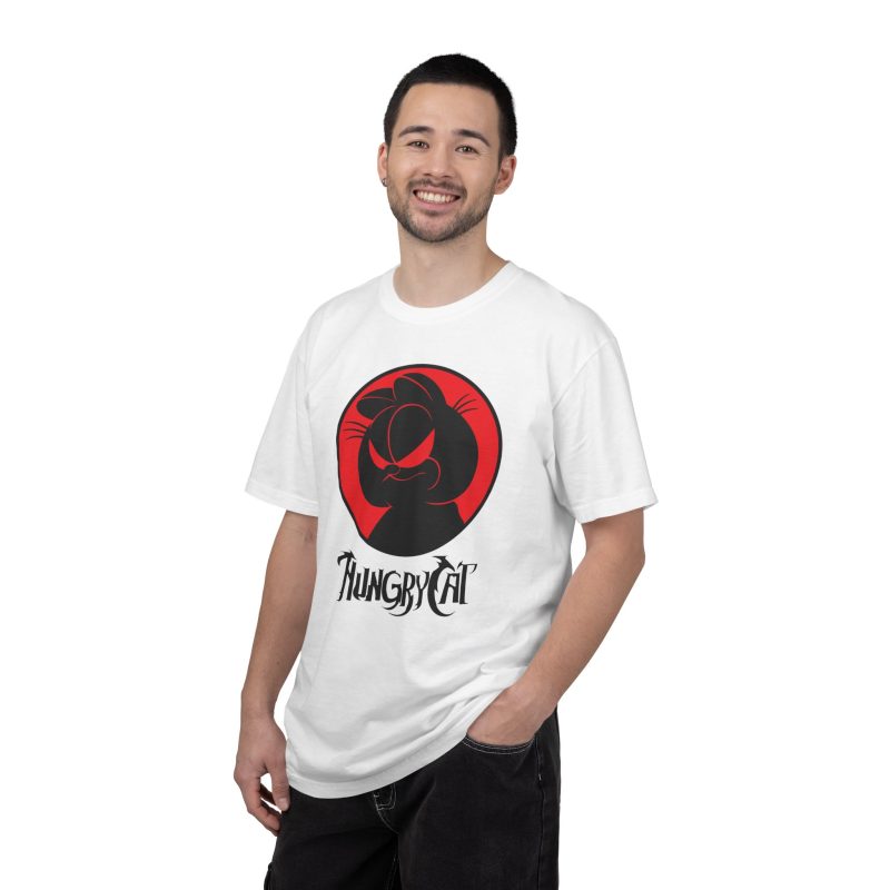 Person wearing a tee with a sly black cat silhouette inside a red circle printed on the front