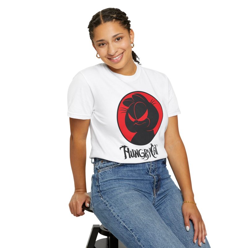 Person wearing a tee with a sly black cat silhouette inside a red circle printed on the front