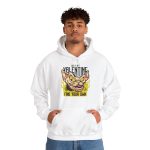 Person wearing a hoodie with a fierce hairless cat with yellow eyes and flames printed on the front Person wearing a hoodie with a fierce hairless cat with yellow eyes and flames printed on the front