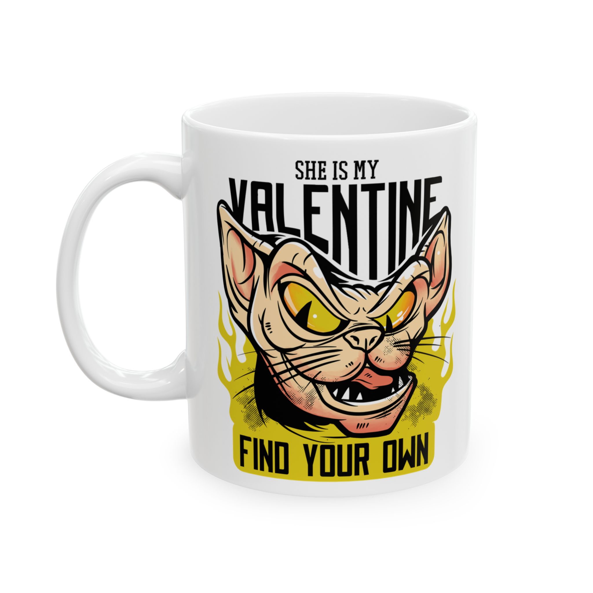 White ceramic mug showing a fierce hairless cat with yellow eyes and flames