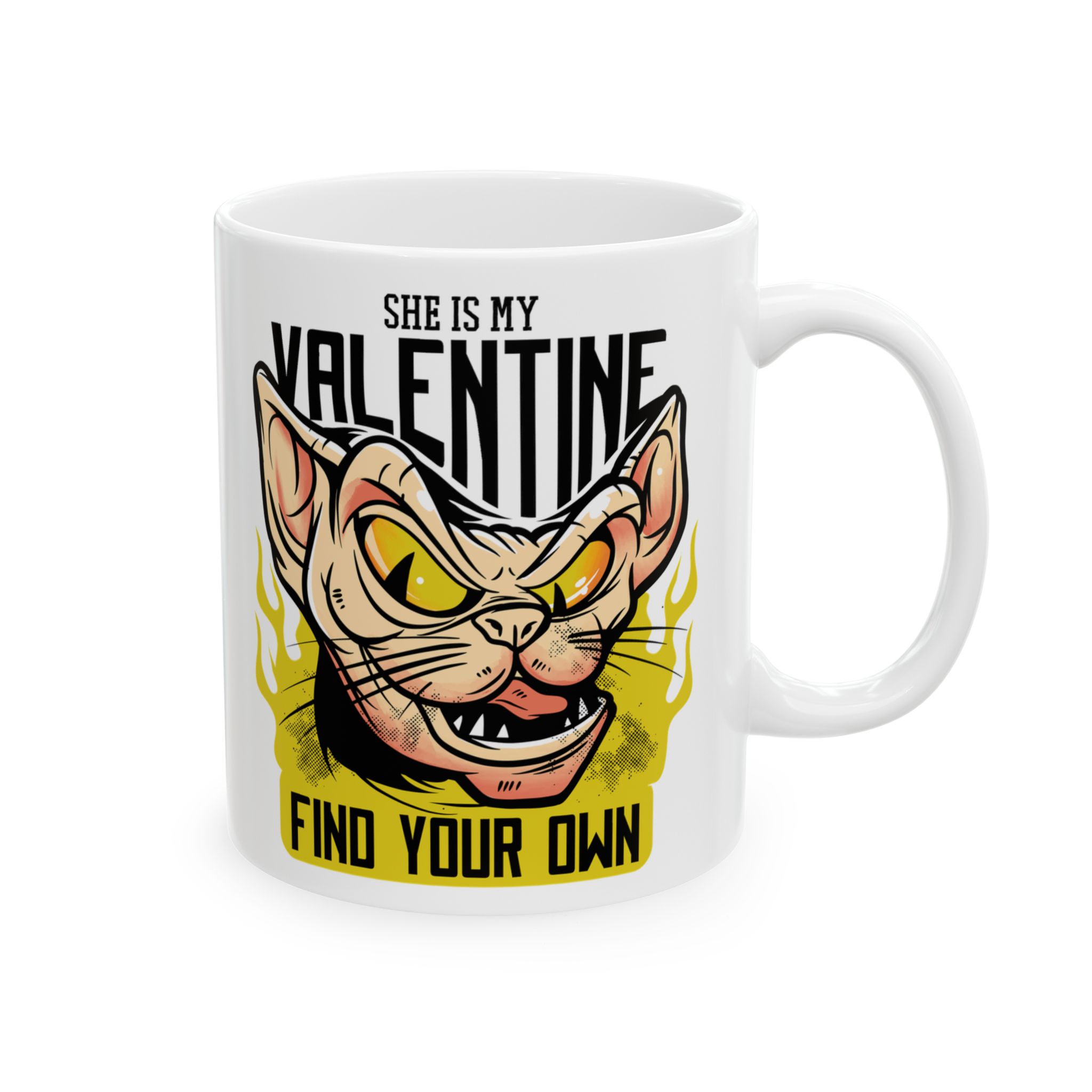 Opposite side of the white ceramic mug with the matching sphynx valentine design