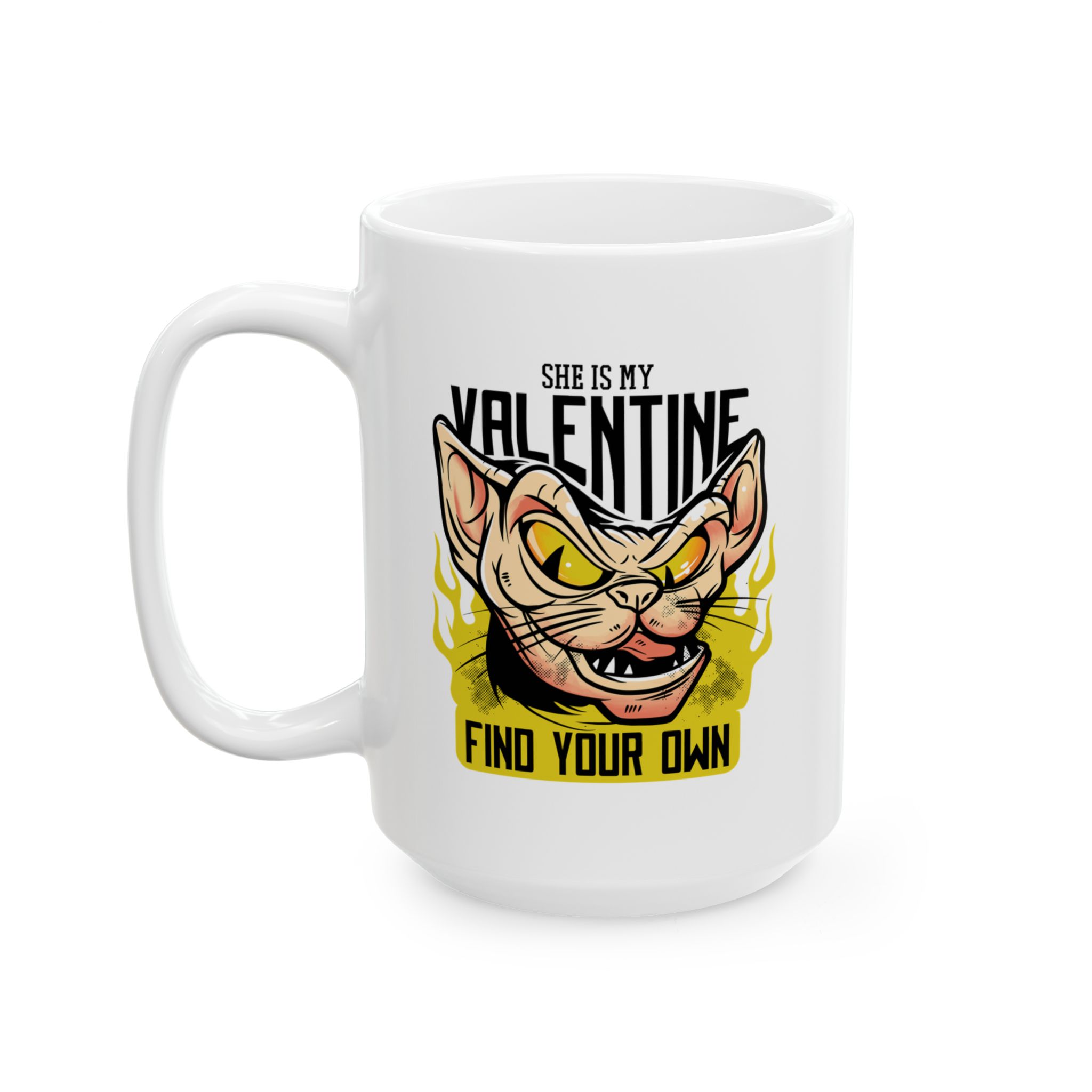 White ceramic mug showing a fierce hairless cat with yellow eyes and flames