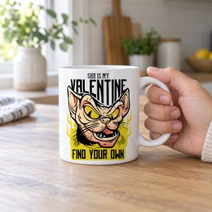 Person holding a white ceramic mug with a fierce hairless cat with yellow eyes and flames