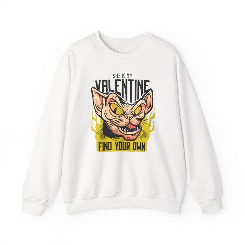 Front of the crewneck sweatshirt showing a fierce hairless cat with yellow eyes and flames