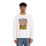 Person wearing a crewneck sweatshirt with a fierce hairless cat with yellow eyes and flames printed on the front Person wearing a crewneck sweatshirt with a fierce hairless cat with yellow eyes and flames printed on the front
