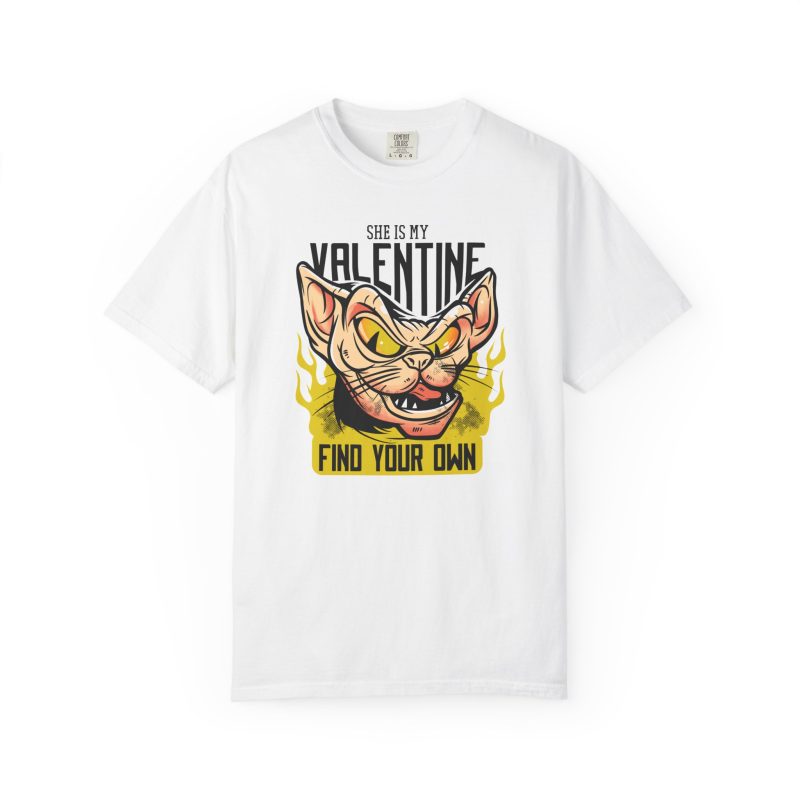 Front of the tee showing a fierce hairless cat with yellow eyes and flames