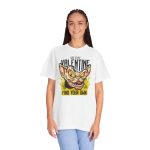 Person wearing a tee with a fierce hairless cat with yellow eyes and flames printed on the front