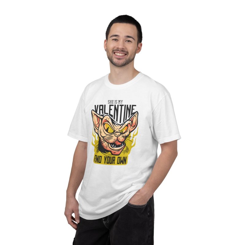 Person wearing a tee with a fierce hairless cat with yellow eyes and flames printed on the front