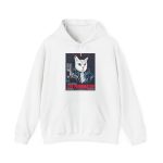 Front of the hoodie showing a white cyborg cat with a red eye and leather jacket Front of the hoodie showing a white cyborg cat with a red eye and leather jacket