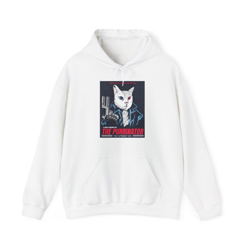 Front of the hoodie showing a white cyborg cat with a red eye and leather jacket
