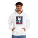 Person wearing a hoodie with a white cyborg cat with a red eye and leather jacket printed on the front Person wearing a hoodie with a white cyborg cat with a red eye and leather jacket printed on the front
