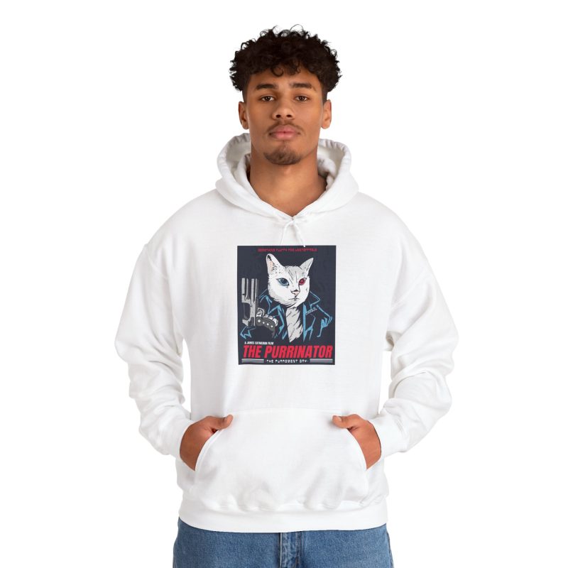 Person wearing a hoodie with a white cyborg cat with a red eye and leather jacket printed on the front