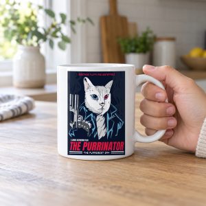 Person holding a white ceramic mug with a white cyborg cat with a red eye and leather jacket
