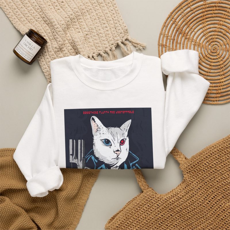 White cyborg cat with blue and red eyes, a dark leather jacket and a shotgun on navy in the front print