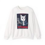 Front of the crewneck sweatshirt showing a white cyborg cat with a red eye and leather jacket