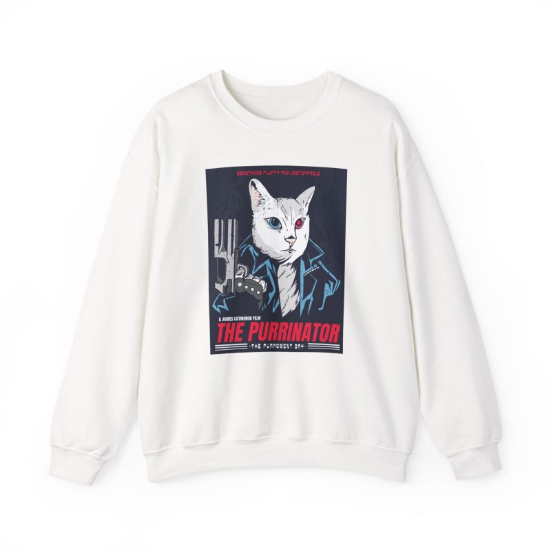 Front of the crewneck sweatshirt showing a white cyborg cat with a red eye and leather jacket
