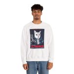 Person wearing a crewneck sweatshirt with a white cyborg cat with a red eye and leather jacket printed on the front
