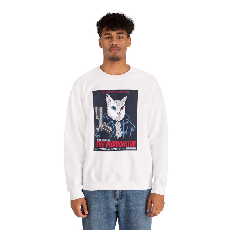 Person wearing a crewneck sweatshirt with a white cyborg cat with a red eye and leather jacket printed on the front