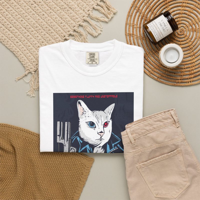 White cyborg cat with blue and red eyes, a dark leather jacket and a shotgun on navy in the front print