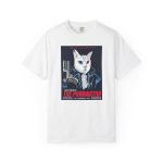 Front of the tee showing a white cyborg cat with a red eye and leather jacket