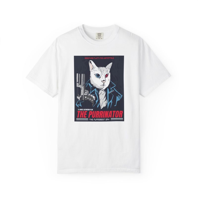 Front of the tee showing a white cyborg cat with a red eye and leather jacket