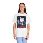 Person wearing a tee with a white cyborg cat with a red eye and leather jacket printed on the front