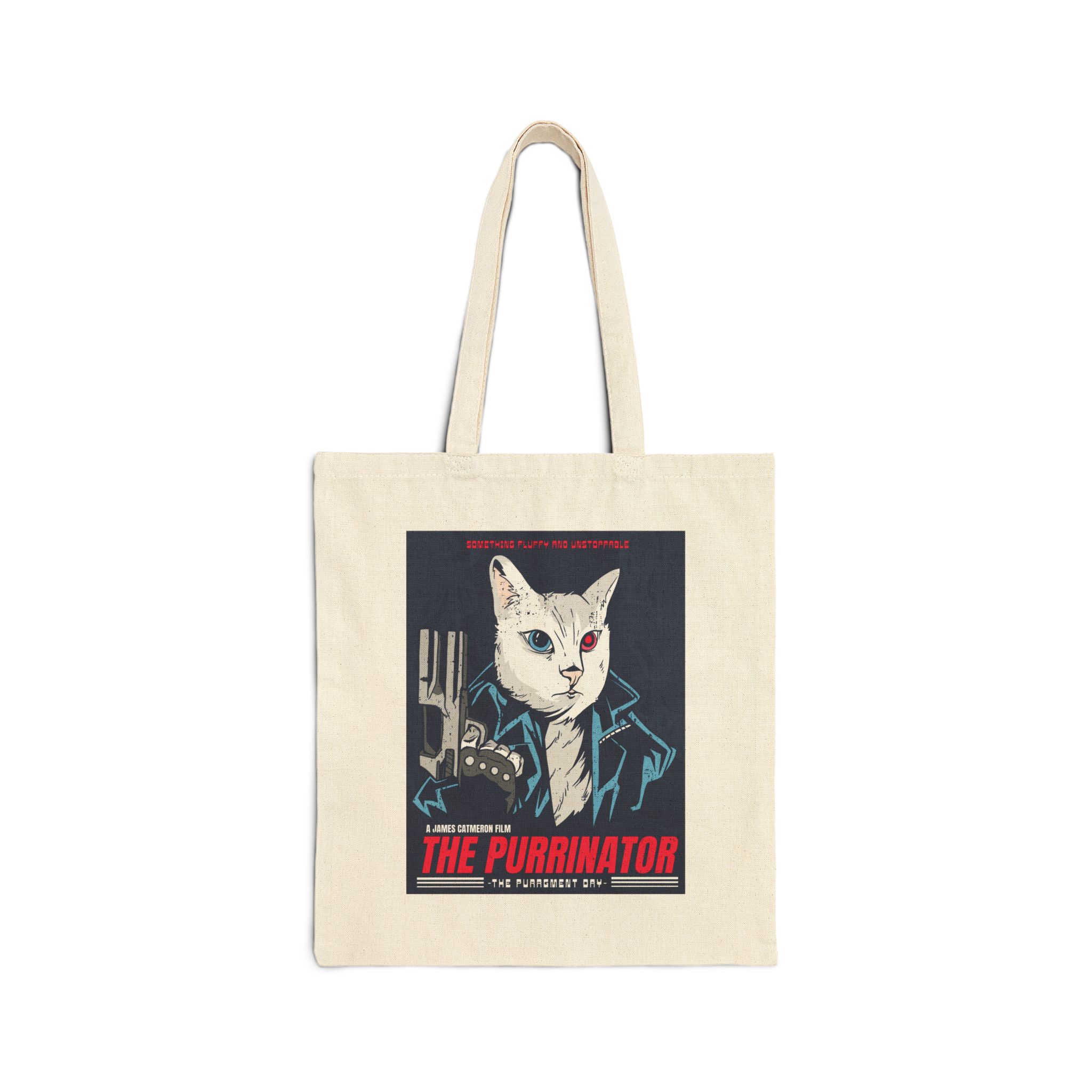 Front of the natural canvas tote showing a white cyborg cat with a red eye and leather jacket
