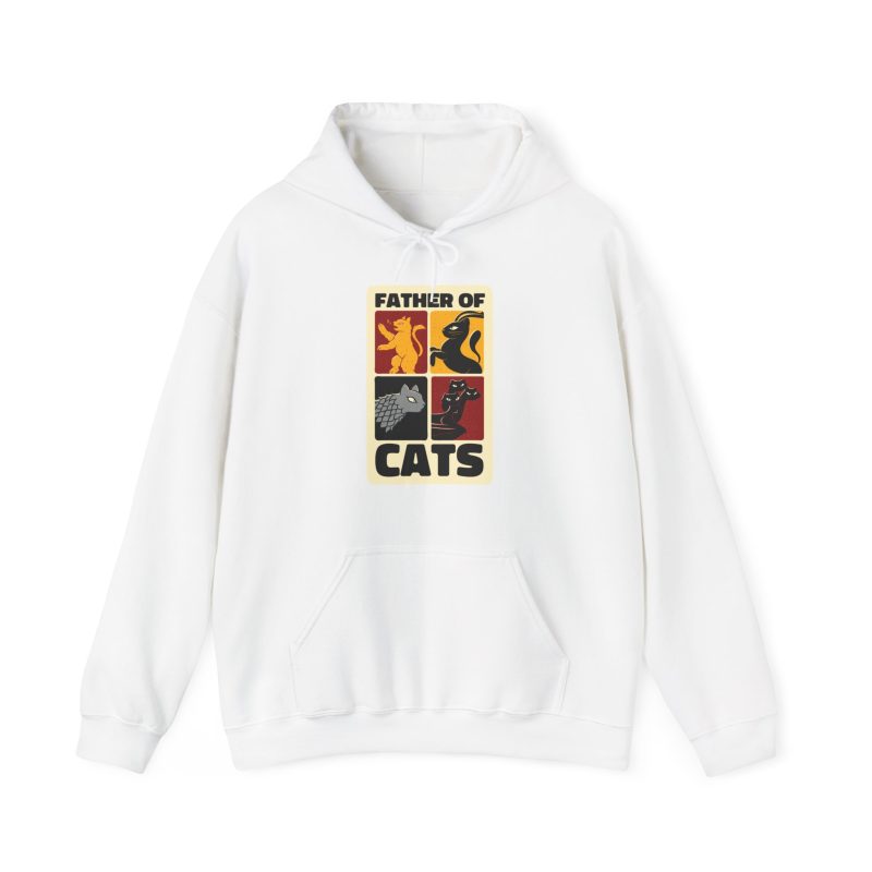 Front of the hoodie showing four heraldic cat panels in red, gold, black and gray