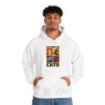 Person wearing a hoodie with four heraldic cat panels in red, gold, black and gray printed on the front