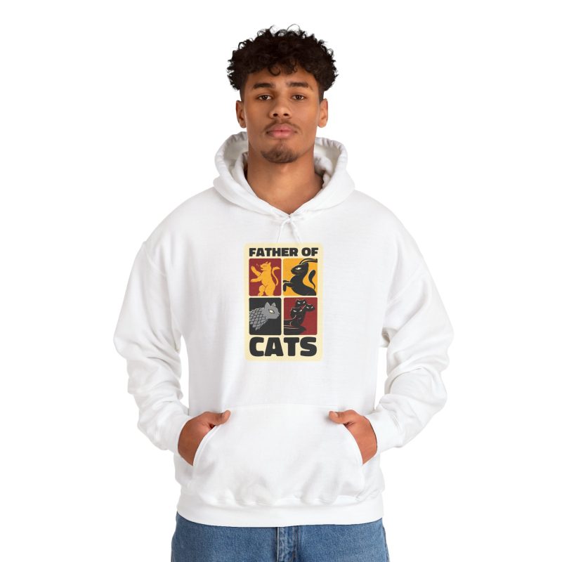 Person wearing a hoodie with four heraldic cat panels in red, gold, black and gray printed on the front