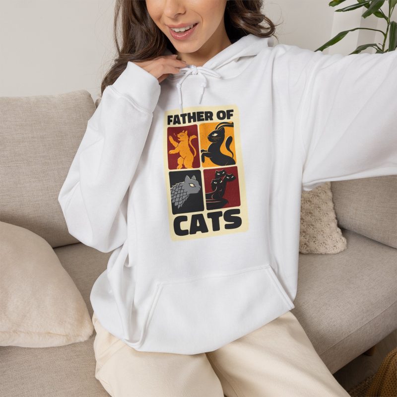 Person wearing a hoodie with four heraldic cat panels in red, gold, black and gray printed on the front