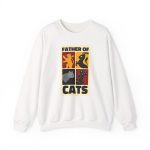 Front of the crewneck sweatshirt showing four heraldic cat panels in red, gold, black and gray Front of the crewneck sweatshirt showing four heraldic cat panels in red, gold, black and gray