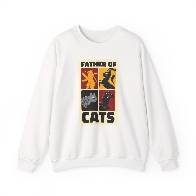 Front of the crewneck sweatshirt showing four heraldic cat panels in red, gold, black and gray