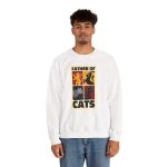 Person wearing a crewneck sweatshirt with four heraldic cat panels in red, gold, black and gray printed on the front Person wearing a crewneck sweatshirt with four heraldic cat panels in red, gold, black and gray printed on the front