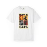 Front of the tee showing four heraldic cat panels in red, gold, black and gray