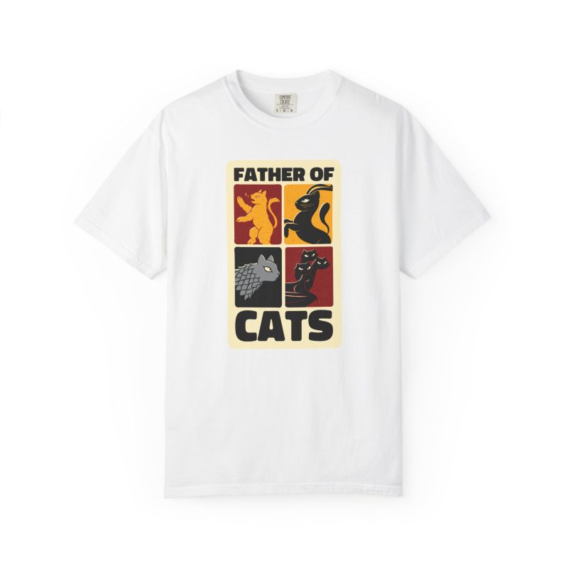 Front of the tee showing four heraldic cat panels in red, gold, black and gray
