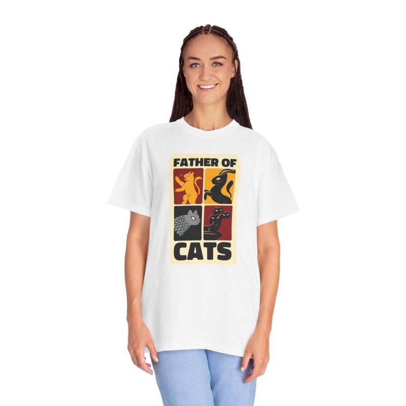 Person wearing a tee with four heraldic cat panels in red, gold, black and gray printed on the front