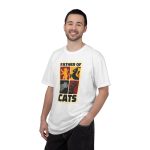 Person wearing a tee with four heraldic cat panels in red, gold, black and gray printed on the front