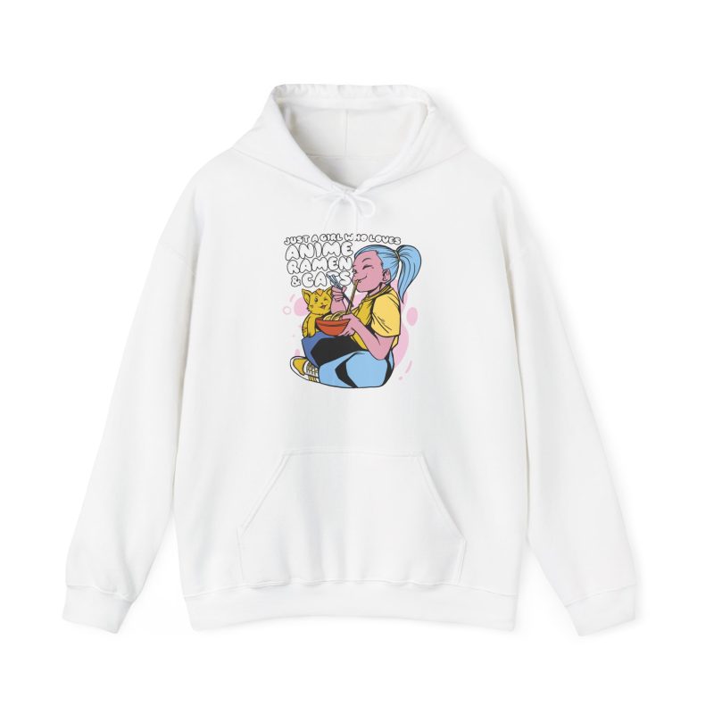 Front of the hoodie showing a blue-haired girl eating ramen beside a golden ginger cat