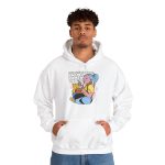 Person wearing a hoodie with a blue-haired girl eating ramen beside a golden ginger cat printed on the front