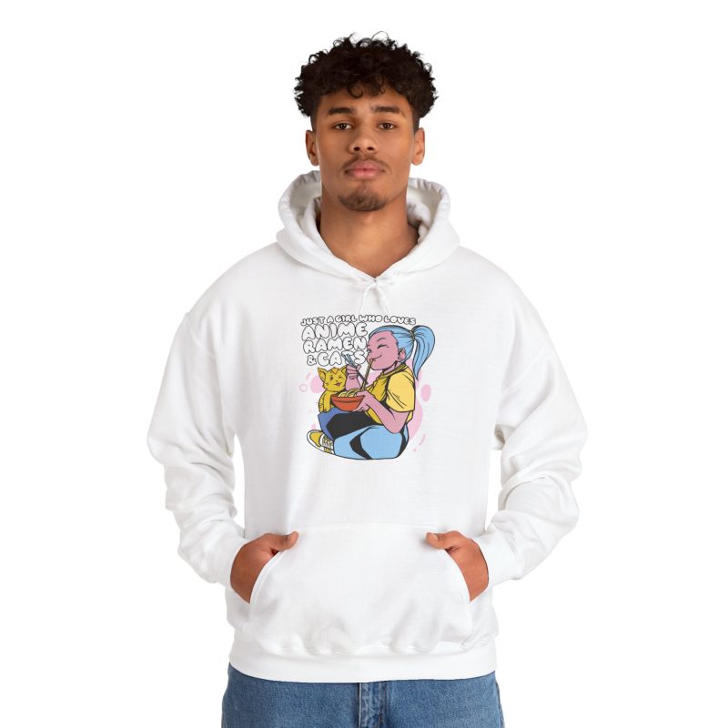 Person wearing a hoodie with a blue-haired girl eating ramen beside a golden ginger cat printed on the front