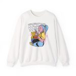 Front of the crewneck sweatshirt showing a blue-haired girl eating ramen beside a golden ginger cat