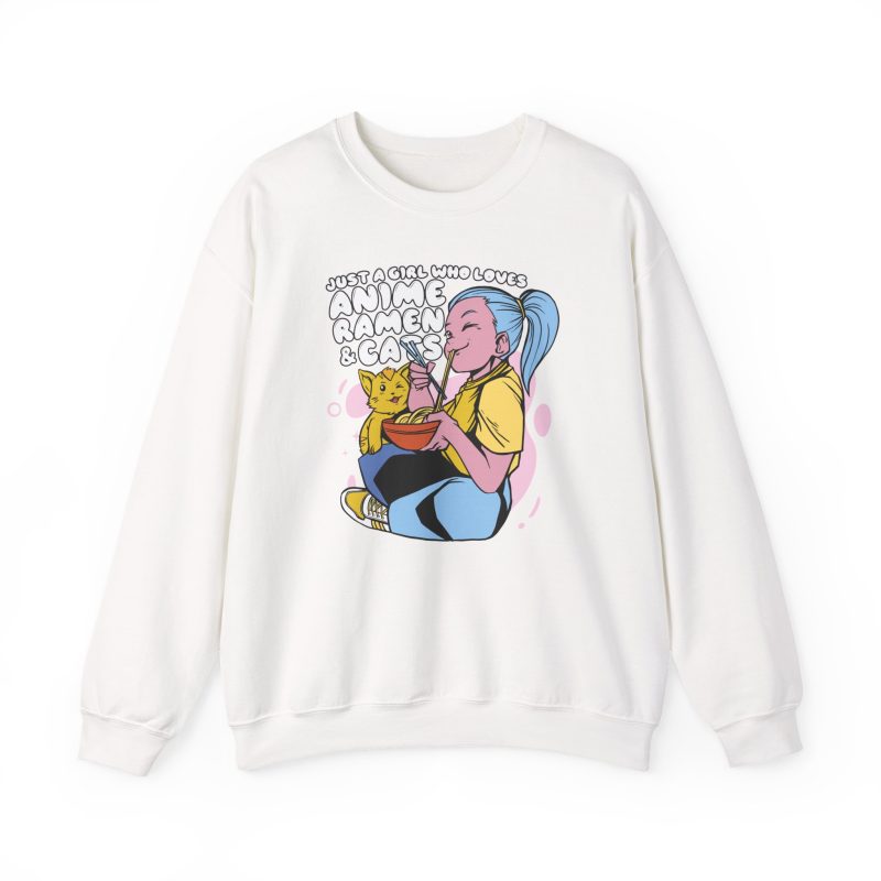 Front of the crewneck sweatshirt showing a blue-haired girl eating ramen beside a golden ginger cat