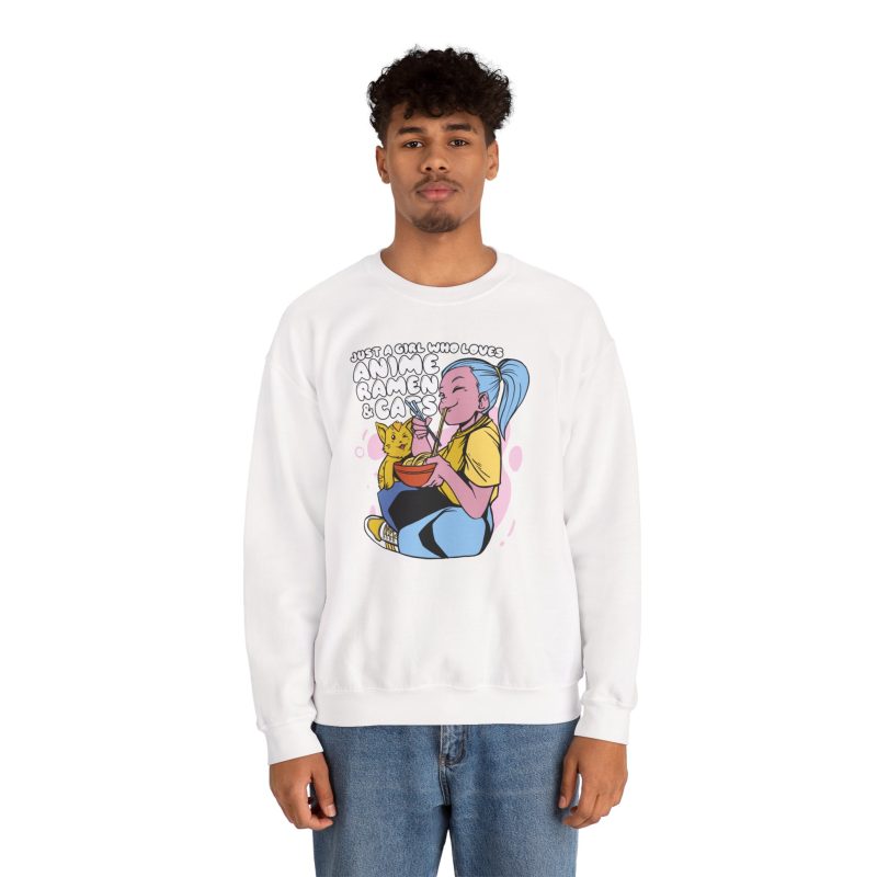 Person wearing a crewneck sweatshirt with a blue-haired girl eating ramen beside a golden ginger cat printed on the front