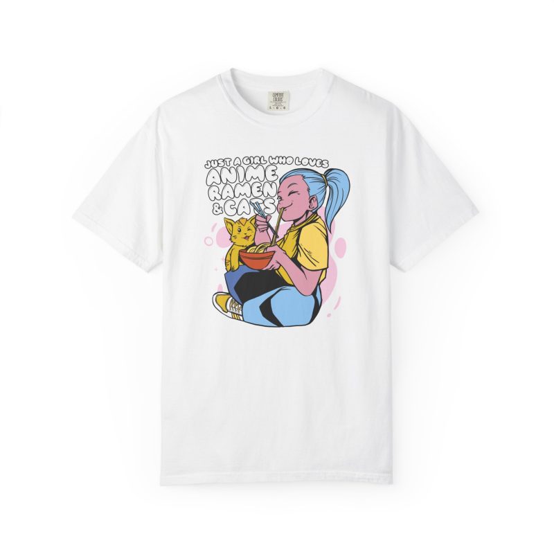 Front of the tee showing a blue-haired girl eating ramen beside a golden ginger cat